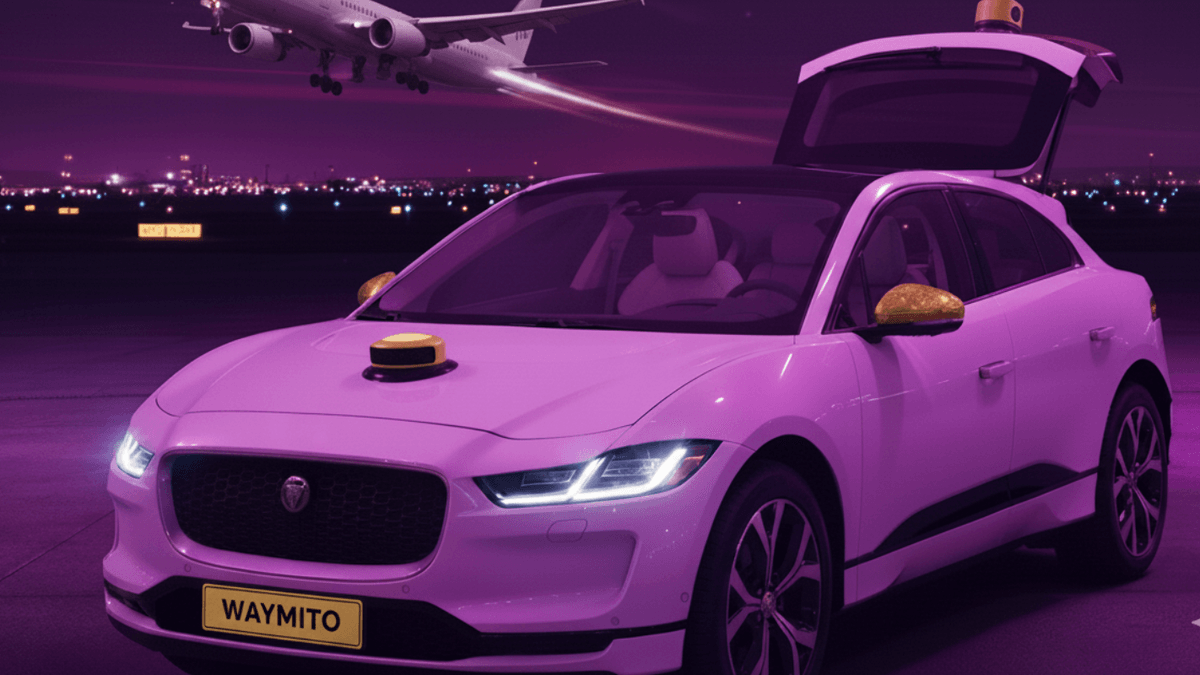 Autonomous vehicle illuminated at night in a cityscape